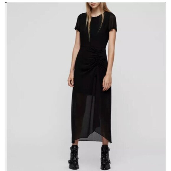 AllSaints Dress Black Ariya Midi Short Sleeve Sheer Gathered Hip‎ Size 00 Goth - Picture 1 of 12